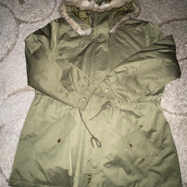 Banana Republic long green puffer coat with fur ho