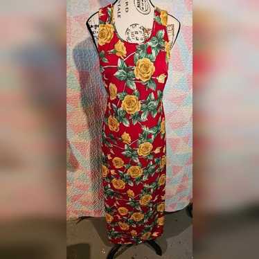 Vintage Floral Maxi Dress - Bright Red with Yellow