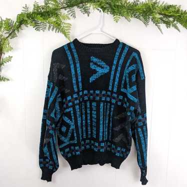 Vintage Black and Blue Patterned Acrylic Sweater