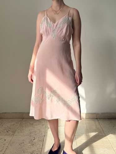 1940's Pink Silk Slip with Cream Lace