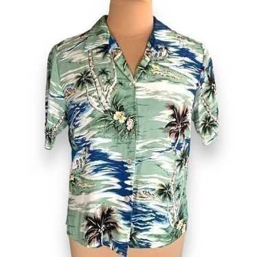 Vintage Kauaiana Top Green Blue Tropical Palm Pri… - image 1