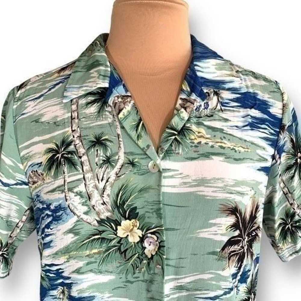 Vintage Kauaiana Top Green Blue Tropical Palm Pri… - image 2