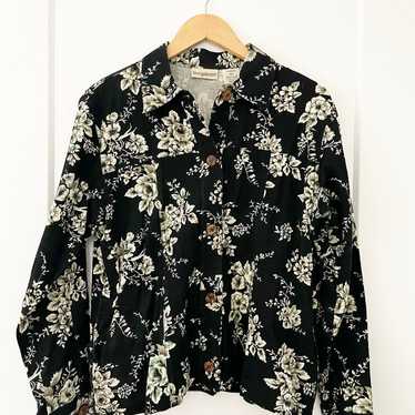 Vtg Travel Smith black and floral button down size