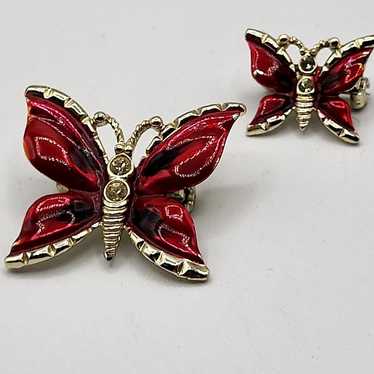 Vintage Pair of Red Enamel Winged Butterflies Broo