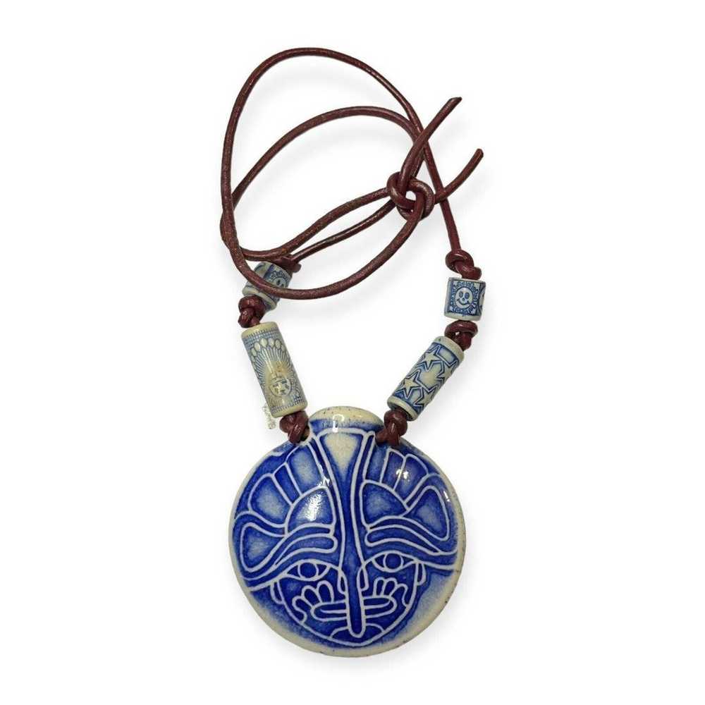 Clay Pottery Stoneware Pendant Necklace Blue Whit… - image 1