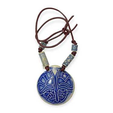 Clay Pottery Stoneware Pendant Necklace Blue Whit… - image 1