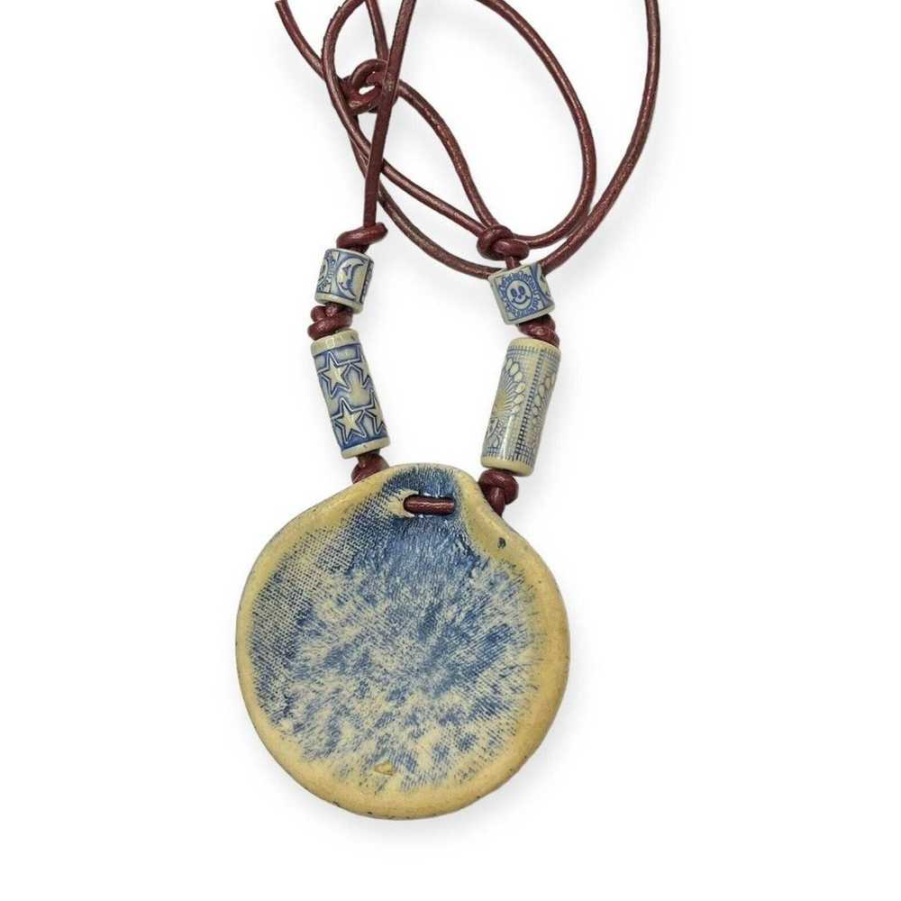 Clay Pottery Stoneware Pendant Necklace Blue Whit… - image 2