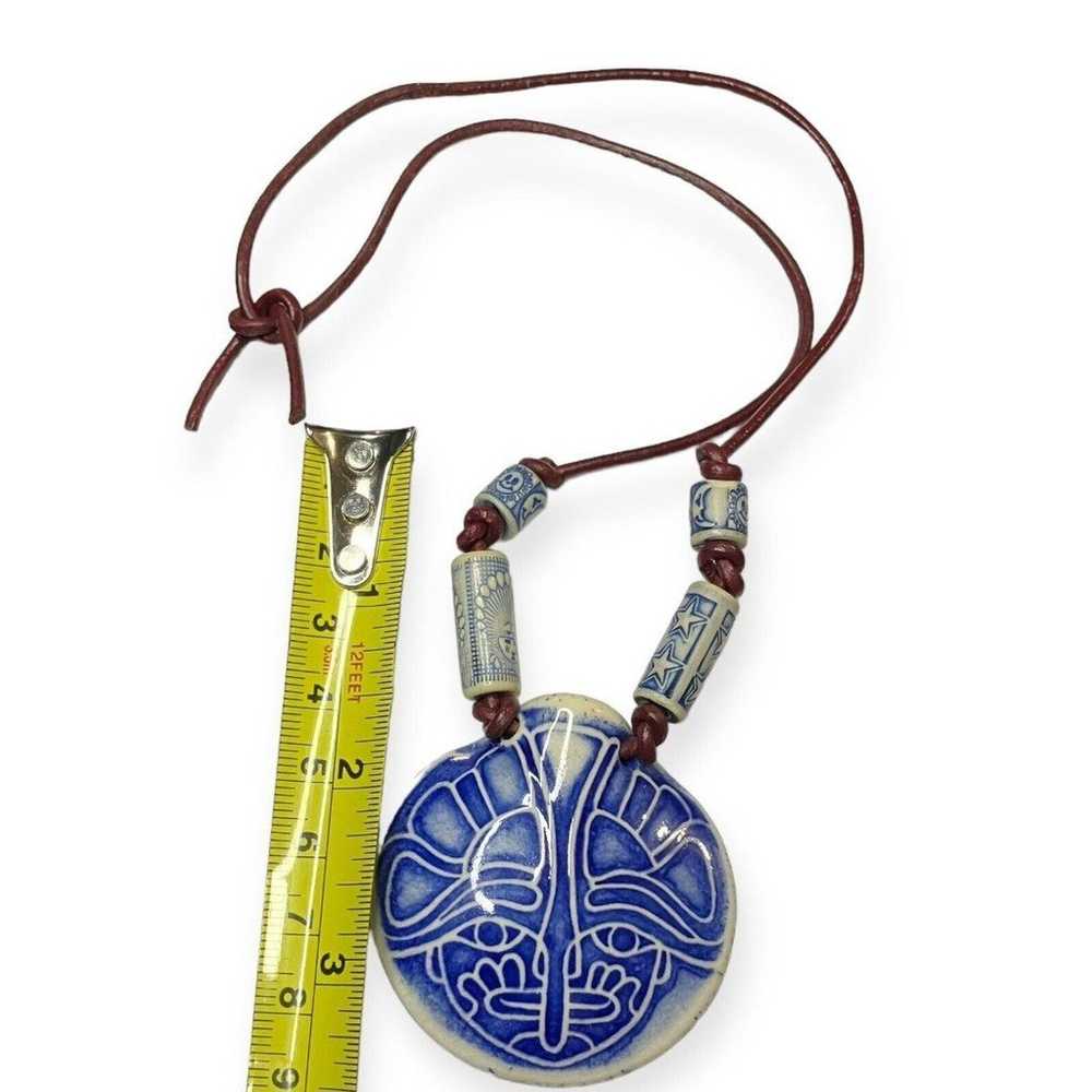 Clay Pottery Stoneware Pendant Necklace Blue Whit… - image 4