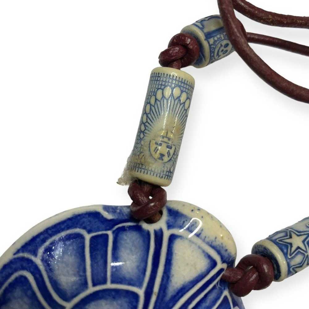 Clay Pottery Stoneware Pendant Necklace Blue Whit… - image 7