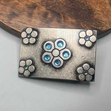 Silver tone blue floral rhinestone belt buckle