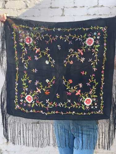 Vintage Black Embroidered Fringed Shawl/Throw