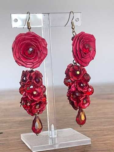 Vintage Red Rose Crystal Dangle Earrings