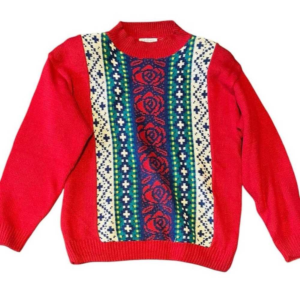 Red vintage 80s crew neck sweater with a unique p… - image 1