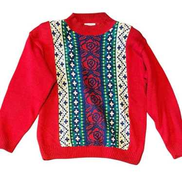 Red vintage 80s crew neck sweater with a unique p… - image 1