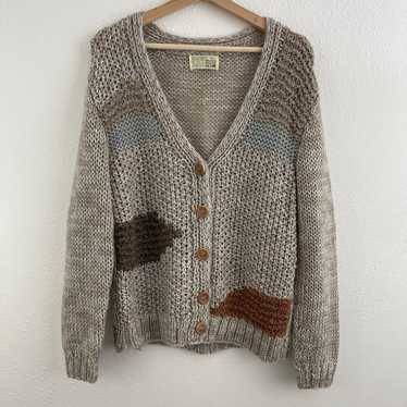 SEARS Vintage 80s Taupe Grey Patchwork Knit V Neck