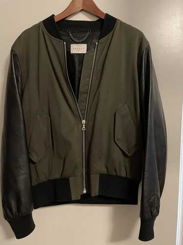 Sandro OLIVE GREEN LEATHER SLEEVED BOMBER