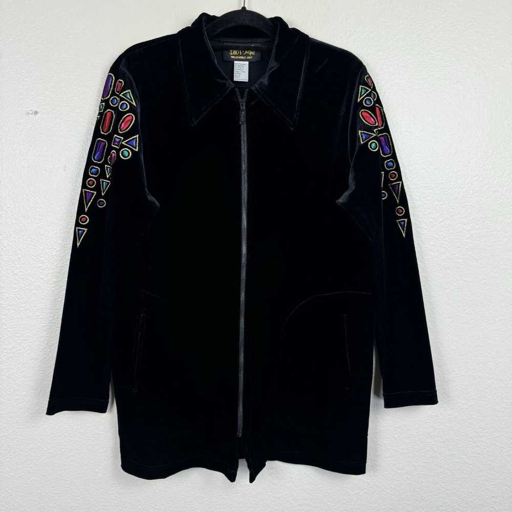 Vintage Bob Mackie Wearable Art Jewel Embroidered Full Zip Velour Jacket Black M
