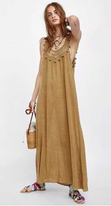 Zara Zara Knit Crochet Linen Maxi dress MED Tan Po