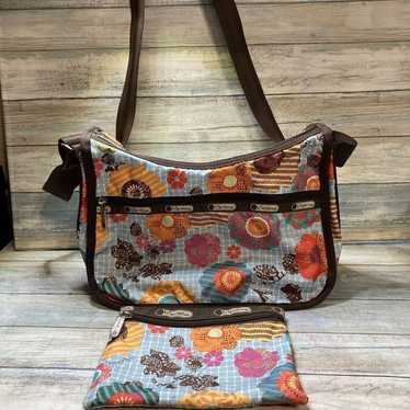 LeSportsac Blue Brown Floral Crossbody Shoulder Ba