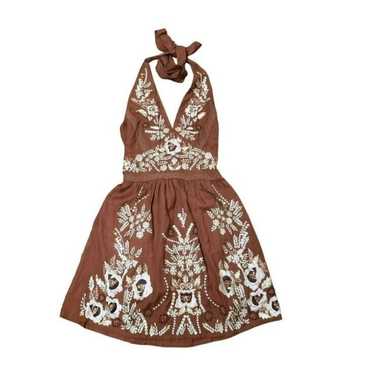 Boston Proper Brown Floral Embroidered Halter Dres