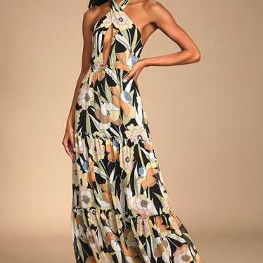 Lulus Black Floral Print Halter Tiered Maxi Dress