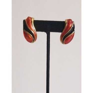 Vintage gold red black  enamel earrings