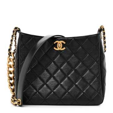 CHANEL Shiny Lambskin Quilted CC Hobo Black