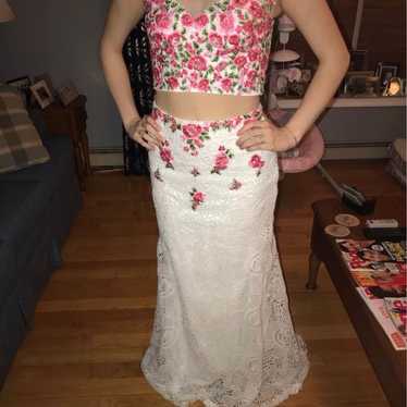 2 piece pink and white crocheted prom dress