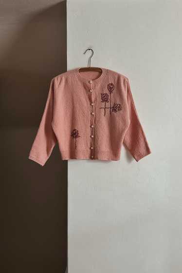 1950's ROSE WOOL KNIT CARDIGAN