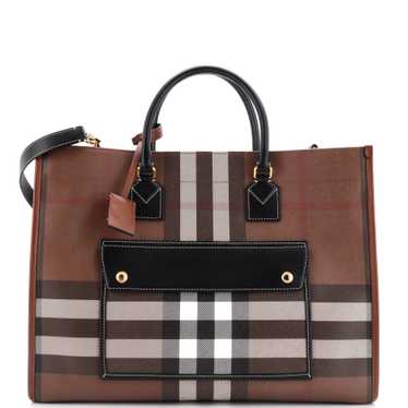 Burberry Freya Shopping Tote Check Canvas with Lea