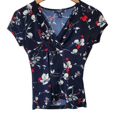 Chaps CHAPS Navy Floral V-Neck Wrap Blouse Small