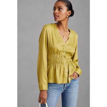 By Anthropologie Smocked Satin Blouse Moss