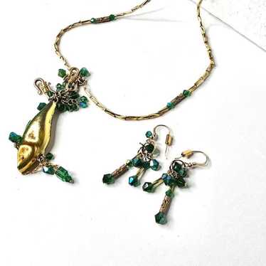 Gold Tone Necklace Fish Pendant with Emerald Tone 