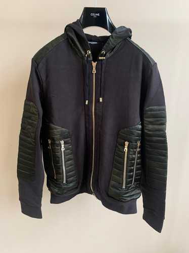 Balmain Biker Zip Up Hooded Sweater With Nylon Con