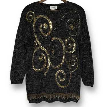 Vintage 80s Fashion Sequin Beaded Sweater Medium W