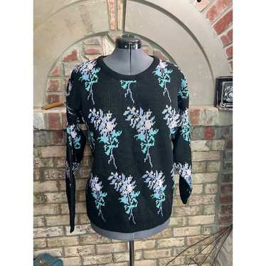 sweater floral black purple aqua 1980s