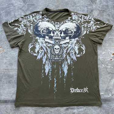 Vintage Y2K AOP Affliction Olive Green Skulls Grun