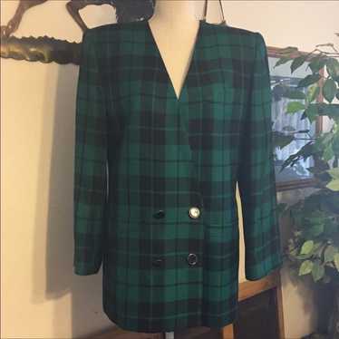 Vintage Kasper ASL green plaid button front blazer