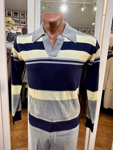 70’s Blue Multicolored Stripes Collared Pull By Al