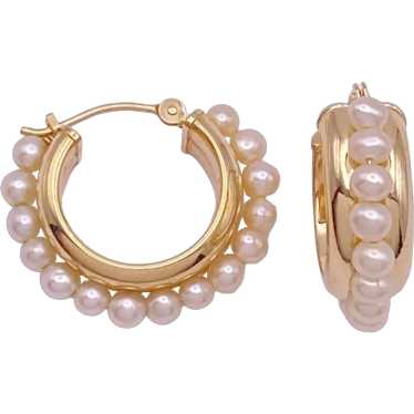 Cultured Pearl Hoop Earrings 14K Gold