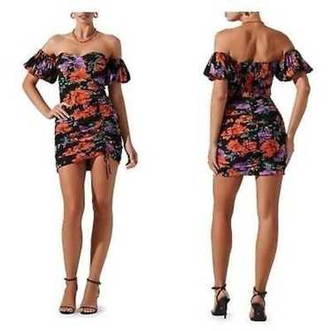 ASTR Floral Off Shoulder Ruched Mini Dress in Blac