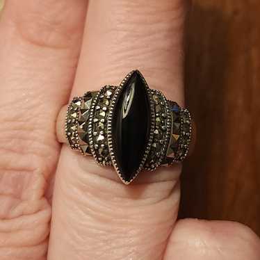 Onyx and Marcasite Sterling Silver Ring