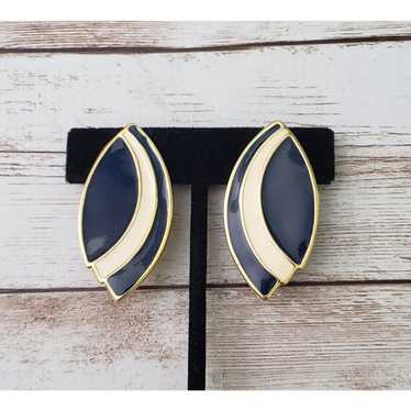 Vintage Clip On Earrings - Navy Blue, Gold Tone, C