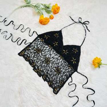 Y2K Vintage Black Floral Beaded Halter Top