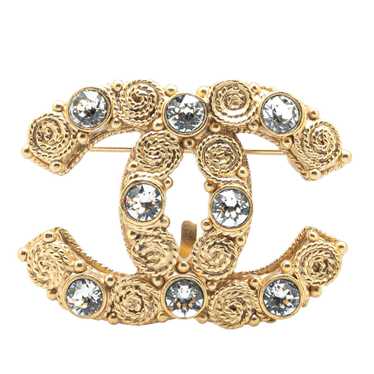 Gold Chanel Gold Plated CC Crystal Brooch