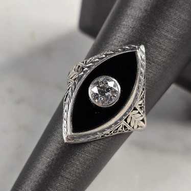 Womens Vintage Estate Platinum Onyx Diamond Ring, 