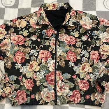 VTG TAPESTRY floral, denim collared, zip up bomber