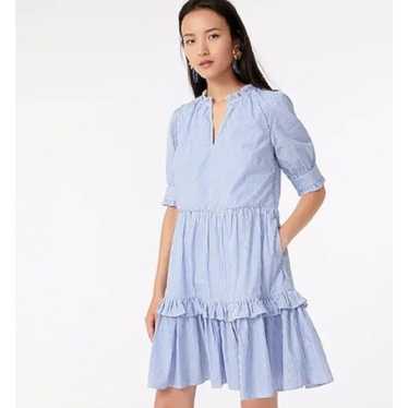 J.Crew Blue Stripe Ruffleneck Tiered Popover Dress