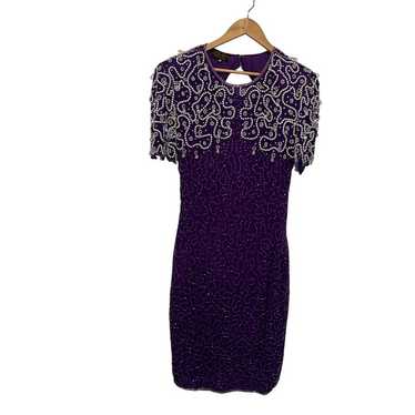 Vintage 1980s Purple Silk Beaded Sequin Cocktail D