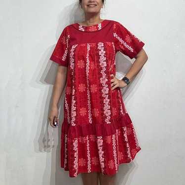 Red Hibiscus Print 50's Hawaiian Beach Muumuu Midi